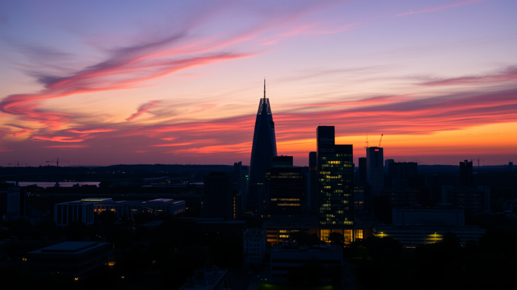 Sonnenuntergang mit Unilever-Hauptquartier in der Skyline, symbolisiert Marktführerschaft.