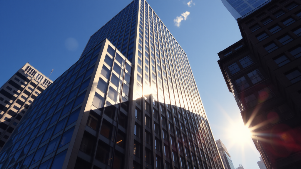 Nahaufnahme eines Wolkenkratzers im Finanzviertel bei Sonnenlicht.