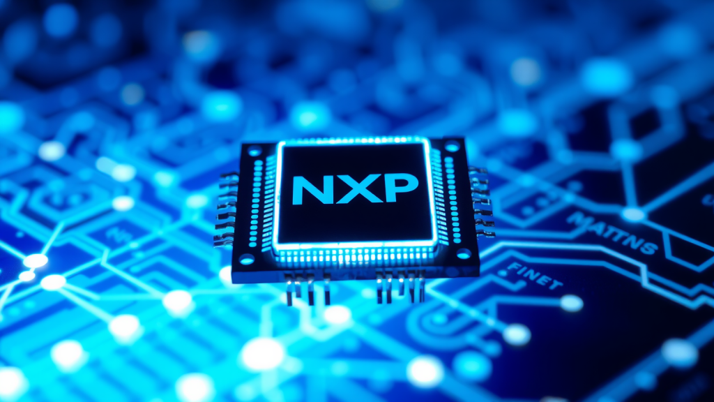 Ein leuchtender Mikrochip mit dem NXP-Logo vor einem digitalen Muster.