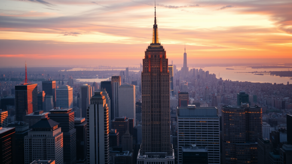 Stadtbild in der Dämmerung mit Hochhäusern von Finanzinstituten im goldenen Licht