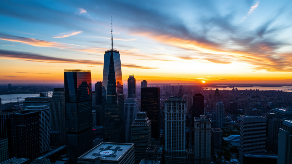 Dramatischer Sonnenuntergang über Finanzdistrikten