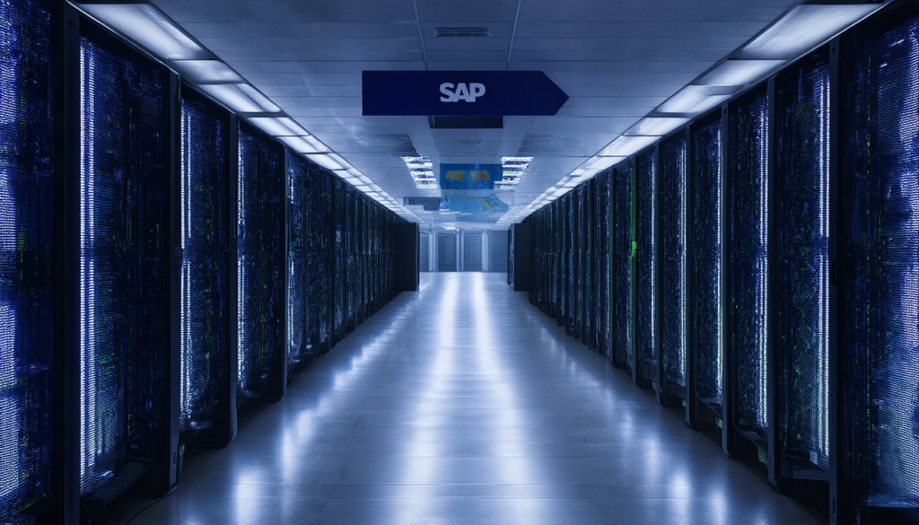 SAP-Aktie: Immer neue Tiefs – Hoffnungsschimmer? Hightech-Serverraum mit beleuchteten Datenservern und SAP-Bannern