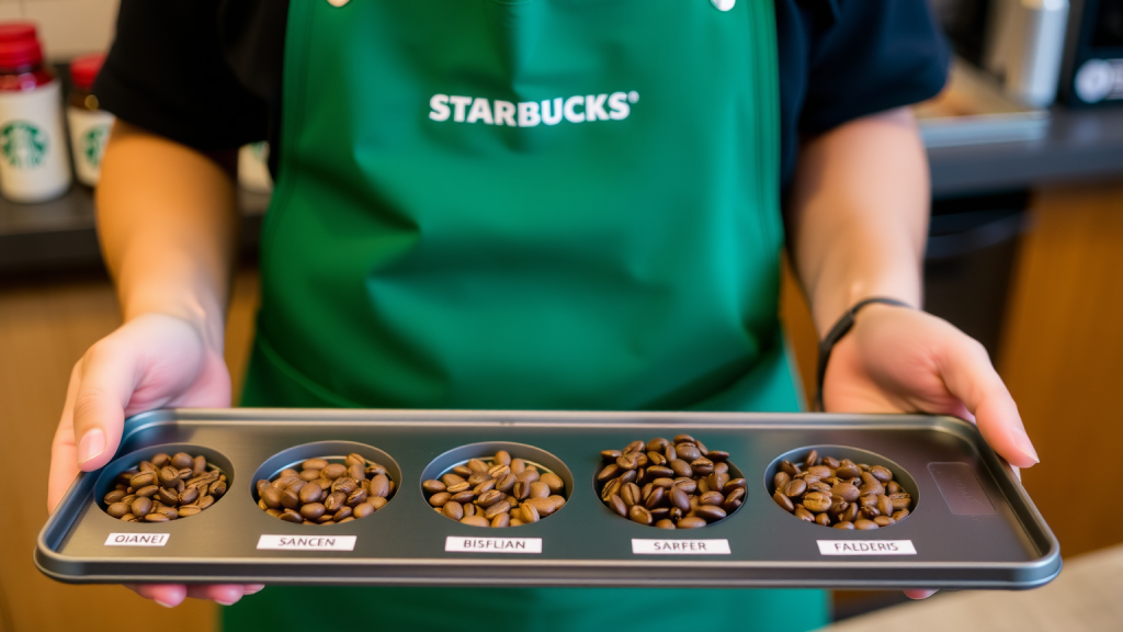 Starbucks-Mitarbeiter mit Kaffeebohnentray