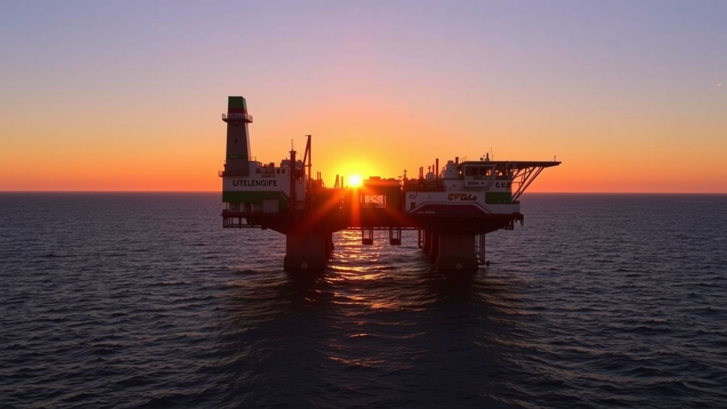 TotalEnergies-Aktie: Strategische Erfolge Ölplattform von TotalEnergies SE bei Sonnenuntergang