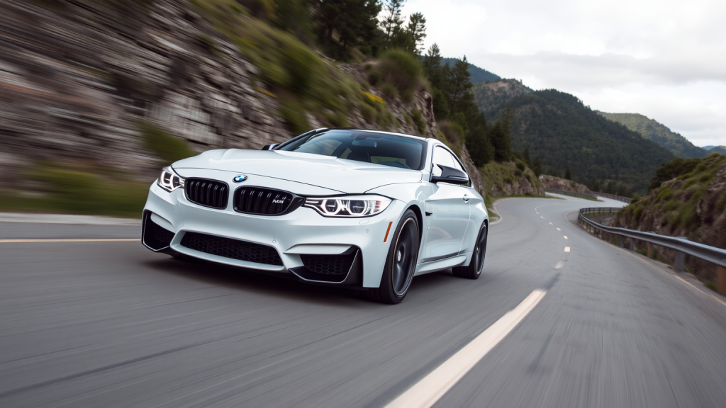 ein BMW M4 fahrt schnell auf einer Bergstraße