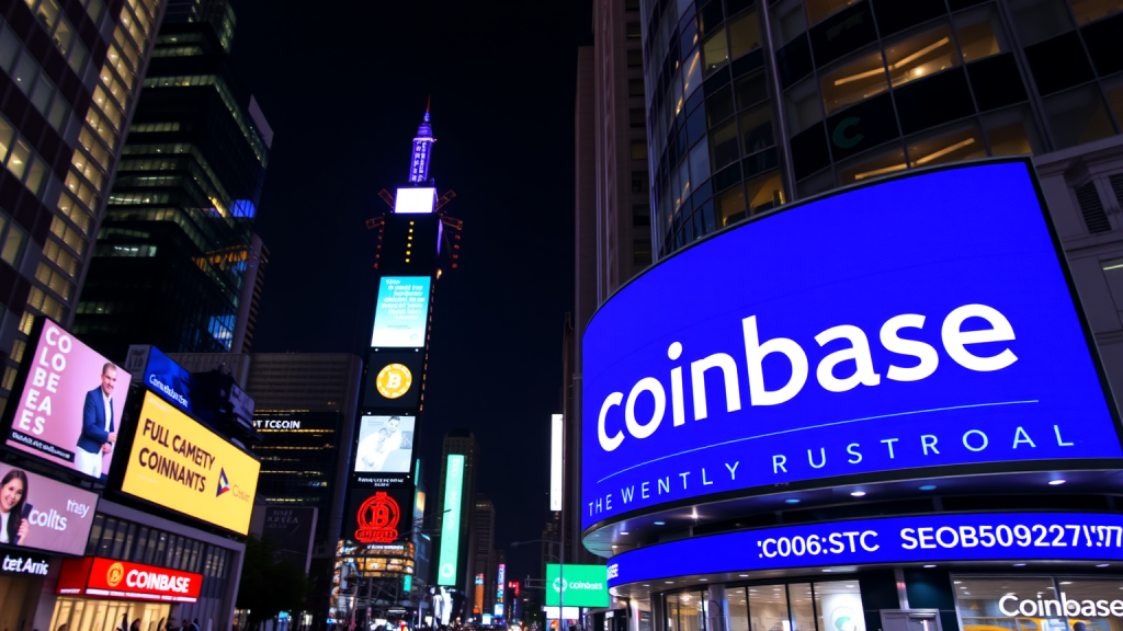 Coinbase-Aktie: Anleger bleiben im Unklaren! Stadt bei Nacht mit Coinbase-Werbetafel