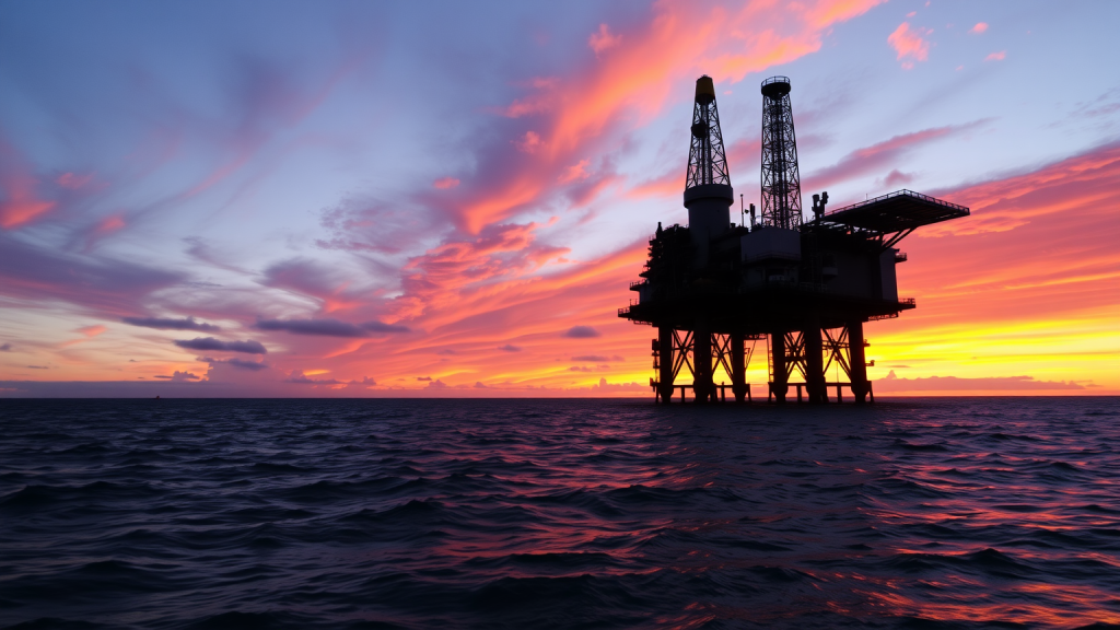 Shell-Bohrinsel bei Sonnenuntergang.