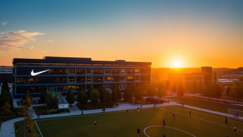 Nike-Hauptsitz bei Sonnenuntergang mit sporttreibenden Mitarbeitern