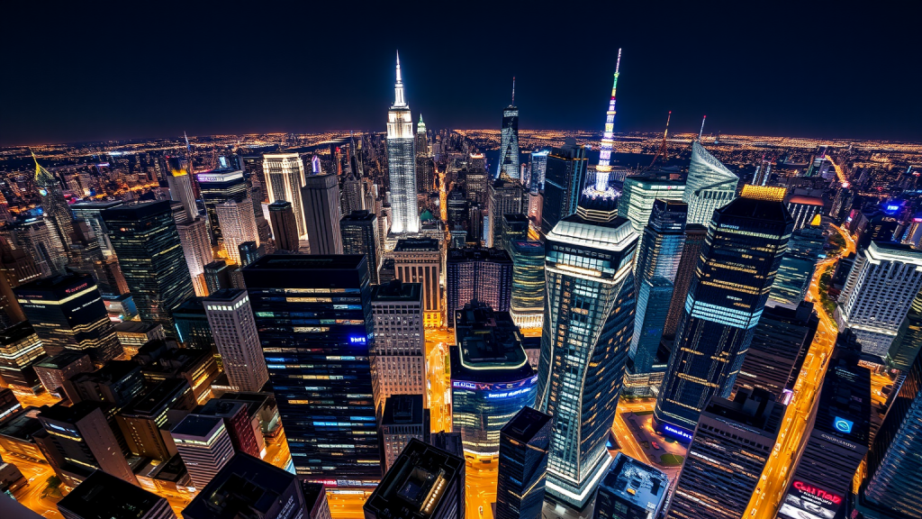 Novo Nordisk-Aktie: Jetzt bricht alles weg Finanzviertel bei Nacht mit leuchtenden Wolkenkratzern