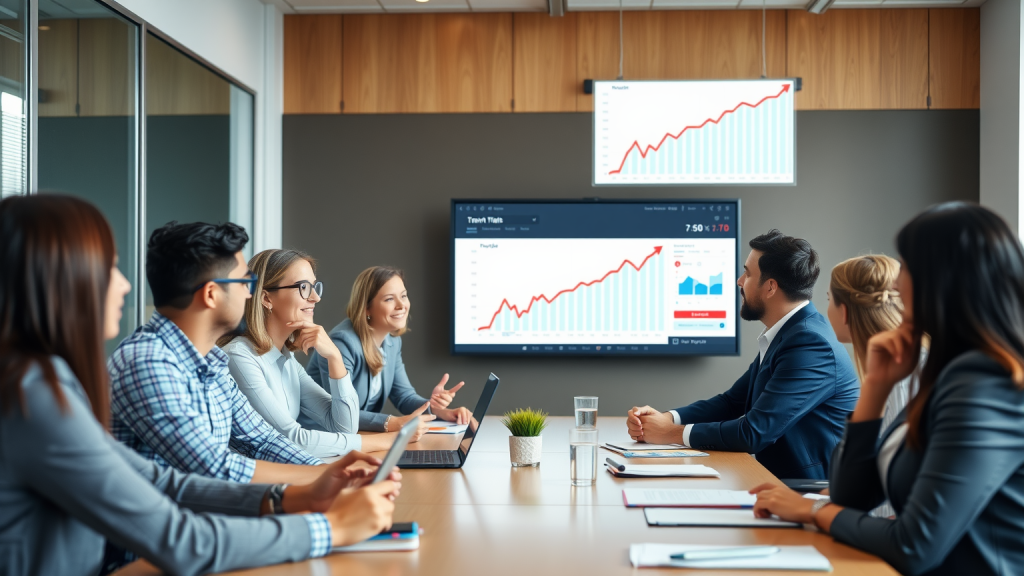 Geschäftsmeeting mit positiver Marktentwicklung im Hintergrund.