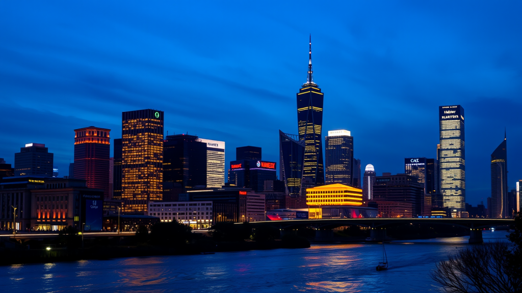 S&P Metals & Mining ETF: Newmont bremst! Stadt bei Nacht mit beleuchteten Finanzhochhäusern