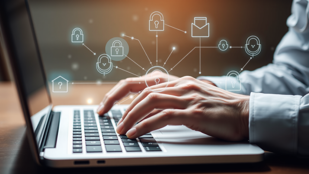 Hände tippen auf einem Laptop mit Hologramm-Datenflusslinien