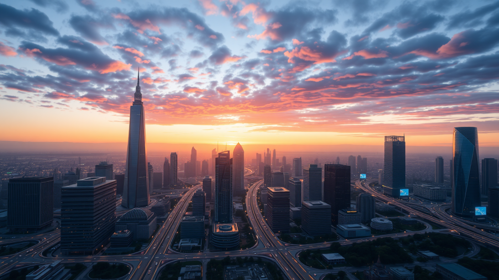 Moderne Stadt bei Dämmerung mit Microns Innovationen