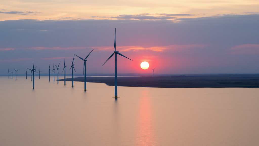Küstenwindpark von Energiekontor bei Sonnenaufgang