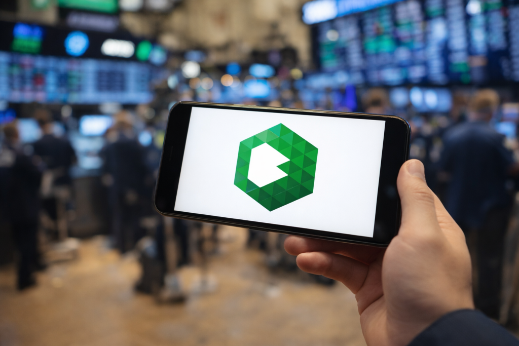 Eine Hand hält ein Smartphone, auf dessen Display das grüne Logo von BE Semiconductor Industries (BESI) zu sehen ist. Im Hintergrund ist ein stark verschwommenes Börsenparkett mit Monitoren und Händlern erkennbar.