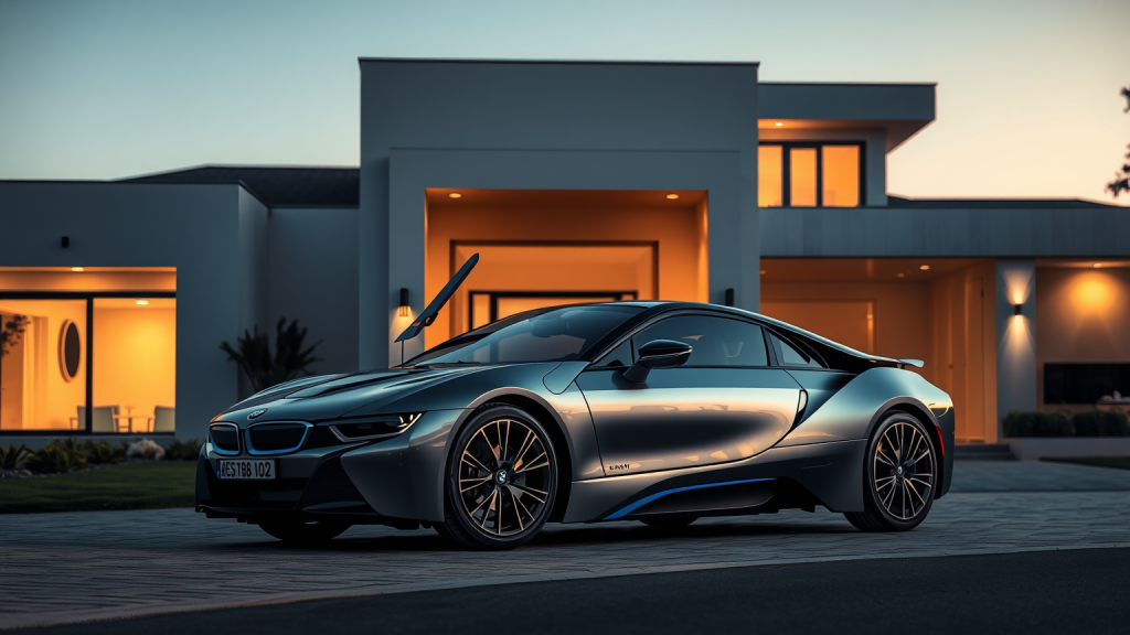 BMW-Aktie: Jetzt entscheidet sich die Richtung! ein BMW i8 vor moderner Villa bei Abendlicht