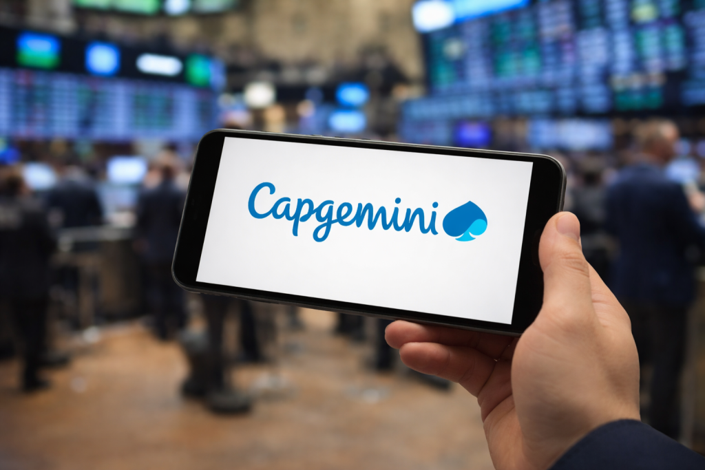 Eine Hand hält ein Smartphone, auf dessen Bildschirm der Schriftzug und das Logo des IT-Dienstleistungsunternehmens Capgemini deutlich zu sehen sind. Im Hintergrund ist unscharf ein belebtes Börsenparkett mit Händlern und großen Kursanzeigen erkennbar.
