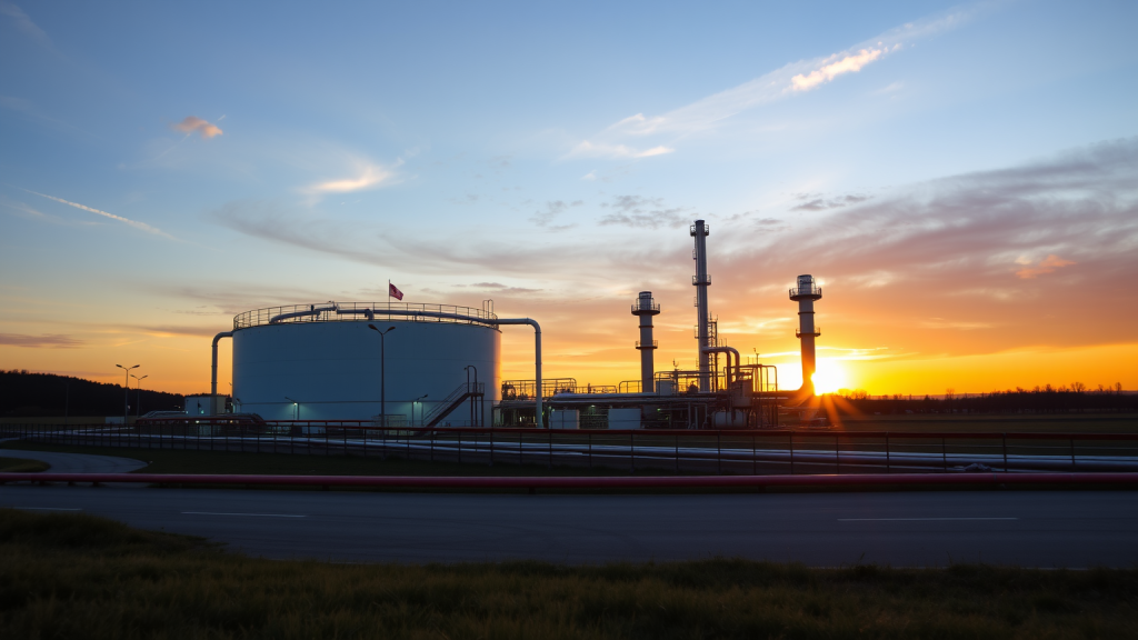 Shell-LNG-Anlage im Sonnenuntergang, goldenes Licht.