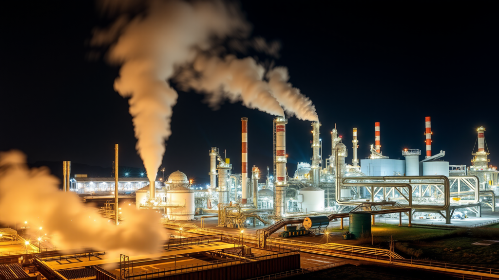 Exxon Mobil Chemiewerk bei Nacht.