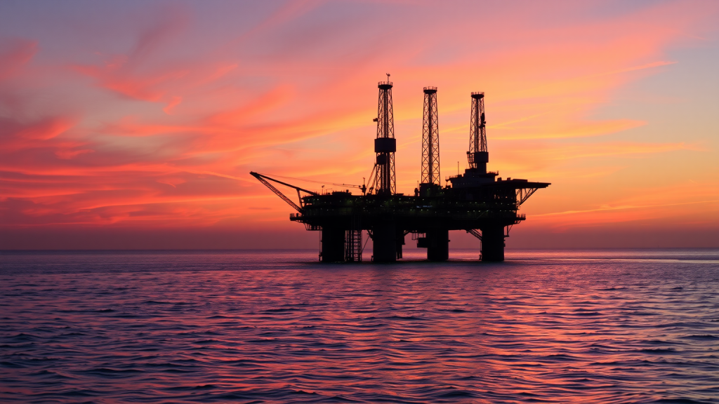 Offshore-Bohrplattform von Exxon Mobil bei Sonnenuntergang.