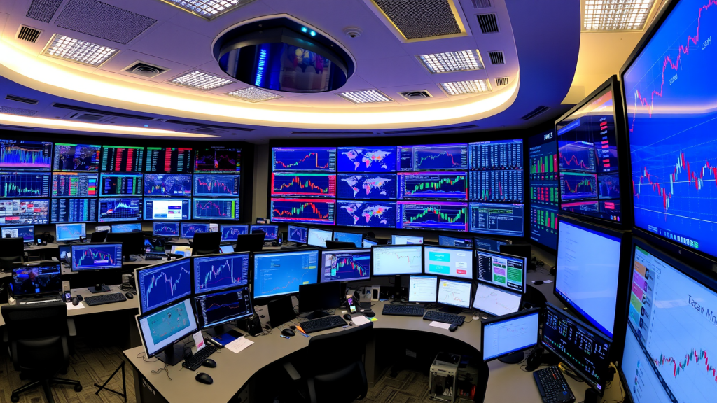 XRP: Kein Crash! Panorama von Handelsbüro mit Bildschirmen