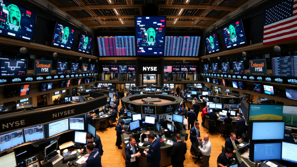 Handelsboden mit geschäftigen Händlern und Bildschirmen