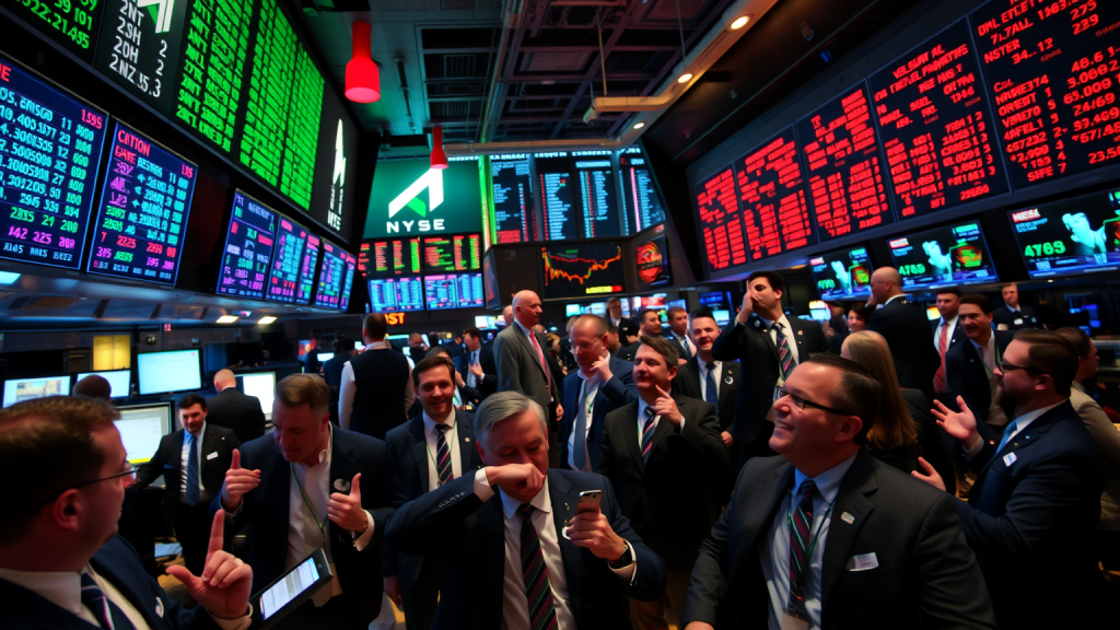 Hektischer Handelsboden mit digitalen Stockindikatoren in grün und rot.