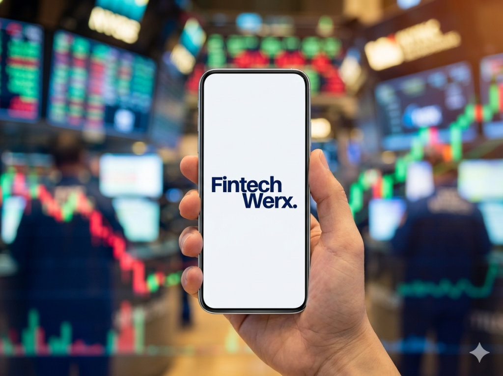 Eine Nahaufnahme zeigt eine Hand, die ein modernes Smartphone hält. Auf dem Display ist das dunkelblaue Firmenlogo von FintechWerx scharf und deutlich auf einem weißen Hintergrund zu erkennen. Der Hintergrund zeigt ein tief unscharfes, atmosphärisches Bild eines belebten Börsenparketts mit diffus leuchtenden roten, grünen und blauen Datenbildschirmen und Chartlinien, die Marktdynamik signalisieren.