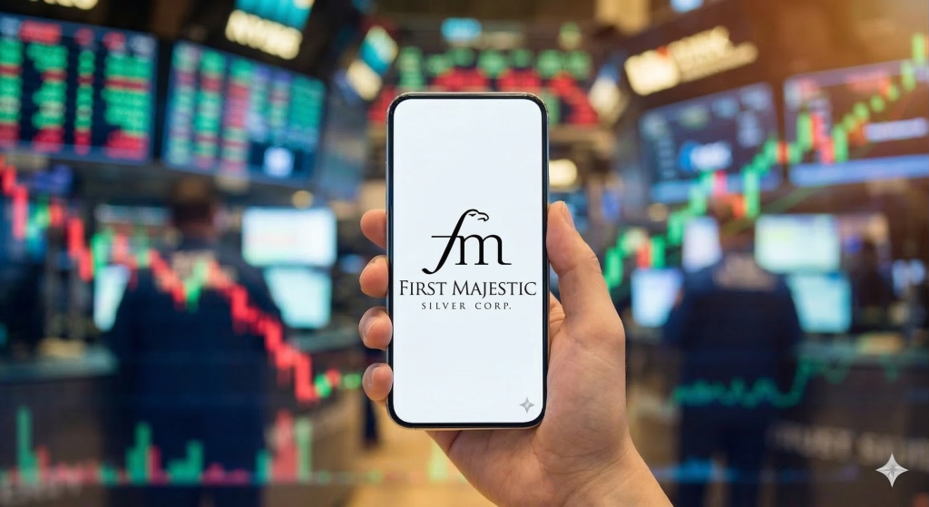 Eine Nahaufnahme zeigt eine Hand, die ein modernes Smartphone hält. Auf dem Display ist das offizielle Logo der First Majestic Silver Corp. (ein stilisierter schwarzer Adler über dem Schriftzug 'FIRST MAJESTIC' und darunter 'SILVER CORP.') scharf und deutlich zu erkennen. Der Hintergrund ist ein tief unscharfes, atmosphärisches Bild eines belebten Börsenparketts mit diffus leuchtenden roten, grünen und blauen Datenbildschirmen und Chartlinien.