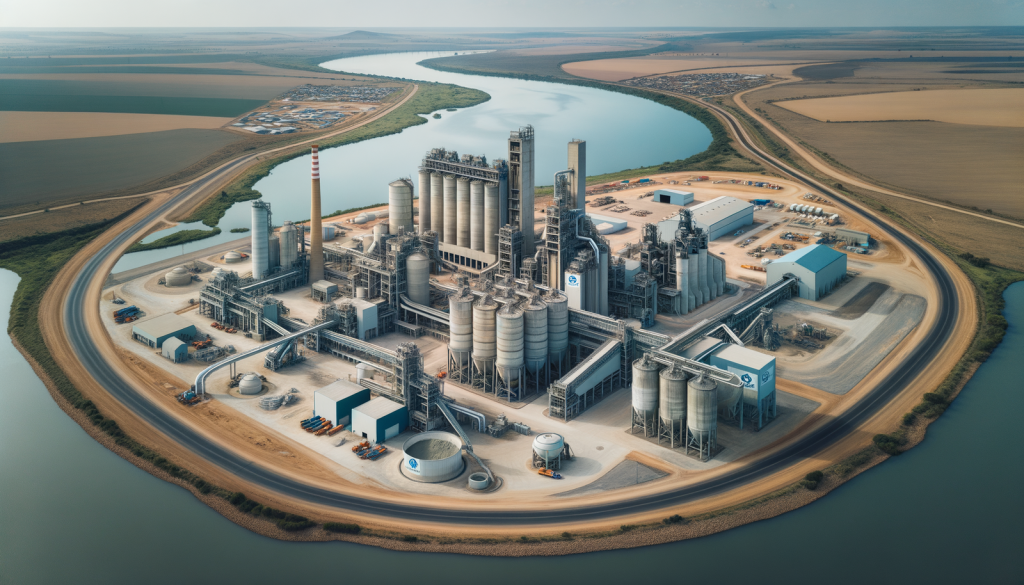 Luftaufnahme einer modernen Zementfabrik von Heidelberg an einem Fluss