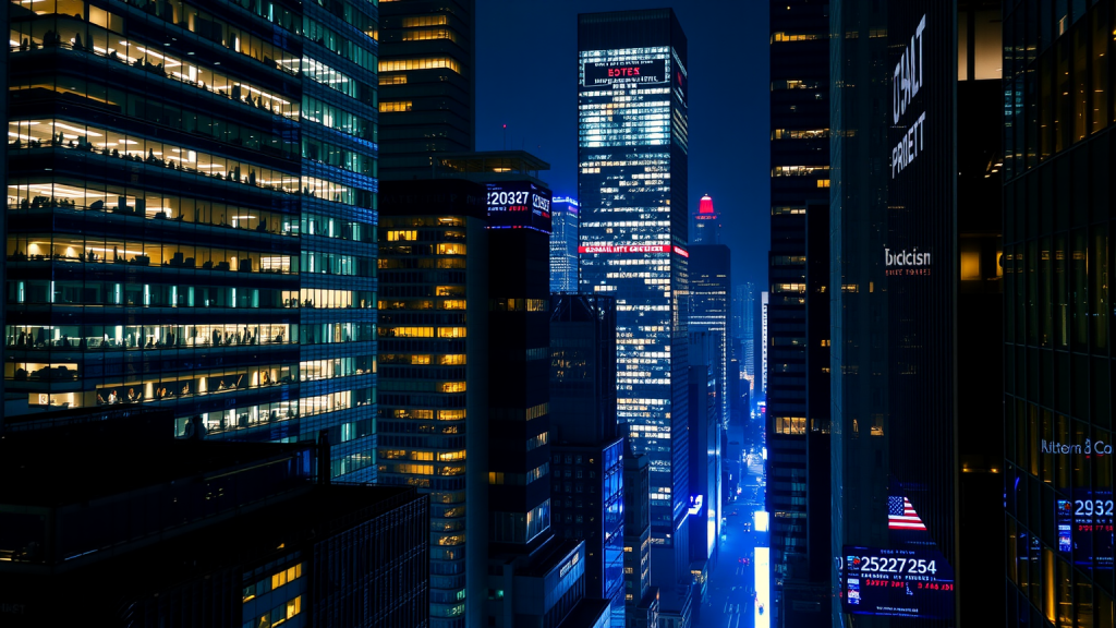 Beleuchtetes Finanzviertel bei Nacht