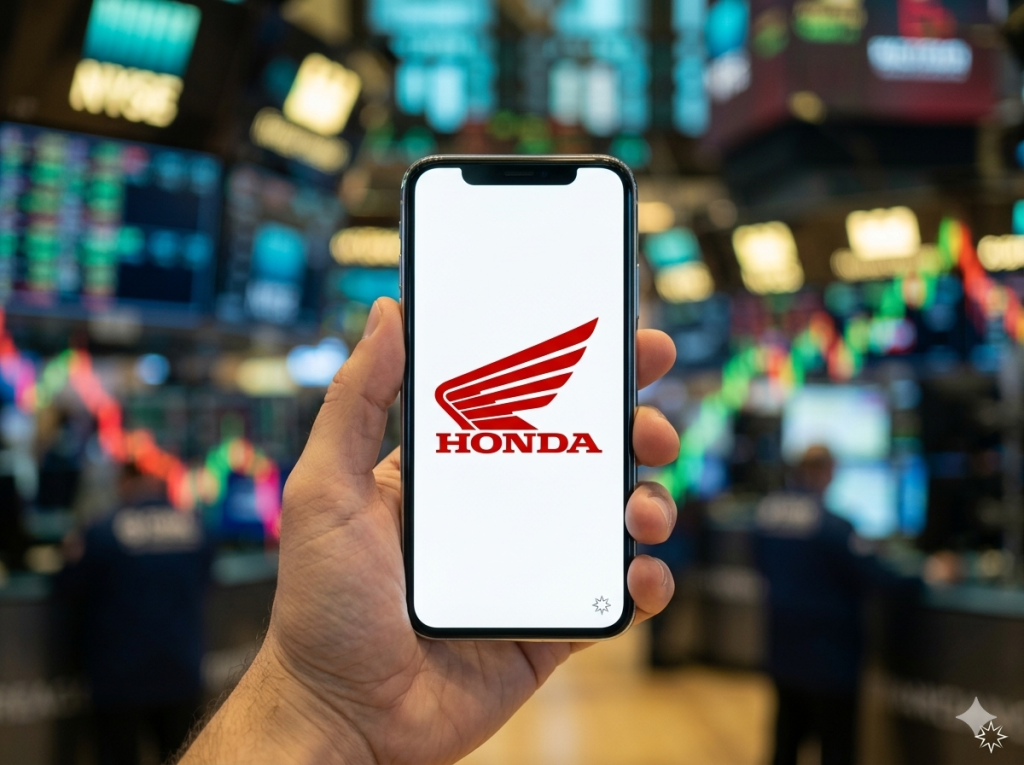 Eine Nahaufnahme zeigt eine Hand, die ein modernes Smartphone hält. Auf dem Display ist das offizielle rote Honda-Wing-Logo mit dem Schriftzug 'HONDA' scharf und deutlich zu erkennen. Der Hintergrund ist ein tief unscharfes, atmosphärisches Bild eines belebten Börsenparketts mit diffus leuchtenden roten, grünen und blauen Datenbildschirmen und Chartlinien.