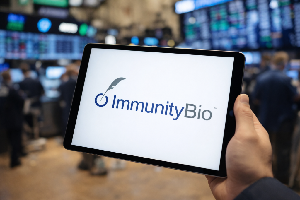 Eine Hand hält ein iPad, auf dessen Bildschirm das Logo von ImmunityBio klar sichtbar ist. Im Hintergrund ist unscharf ein belebtes Börsenparkett mit Monitoren und Händlern zu erkennen.