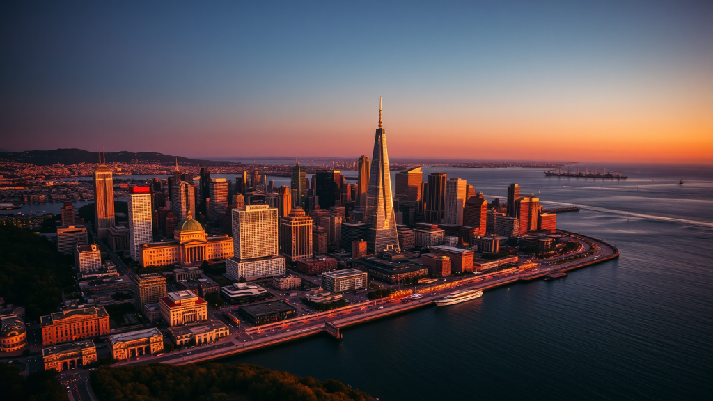 Marathon- vs. Riot-Aktie: Bitcoin-Schürfer oder KI-Pionier? Luftaufnahme einer Küstenstadt mit Börsenticker