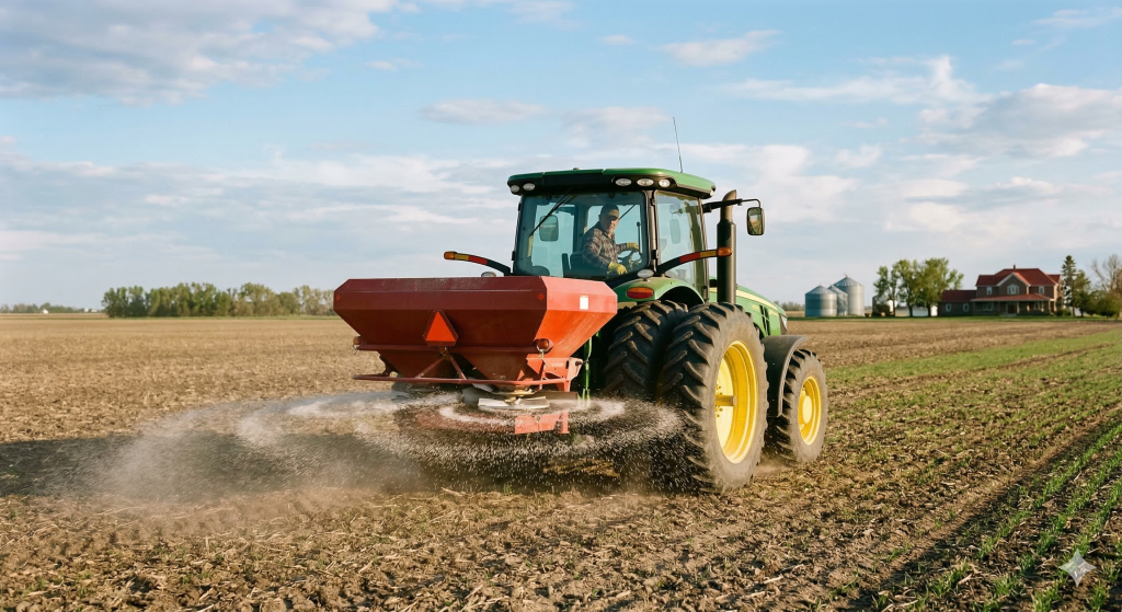Ein grüner Traktor fährt über ein weites, braunes Ackerfeld unter blauem Himmel und bringt mit einem heckmontierten roten Streuer Düngemittel aus. Das Granulat wird fächerförmig auf dem Boden verteilt. Im Hintergrund sind Silos und ein Farmhaus in einer ländlichen US-Landschaft zu sehen.