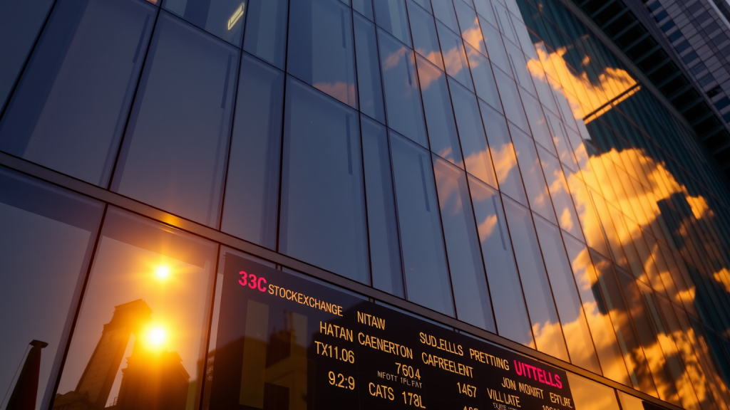 Münchener Rück-Aktie: Dieses Detail fällt jetzt auf! Aktienbörse bei Sonnenuntergang mit Laufschrift