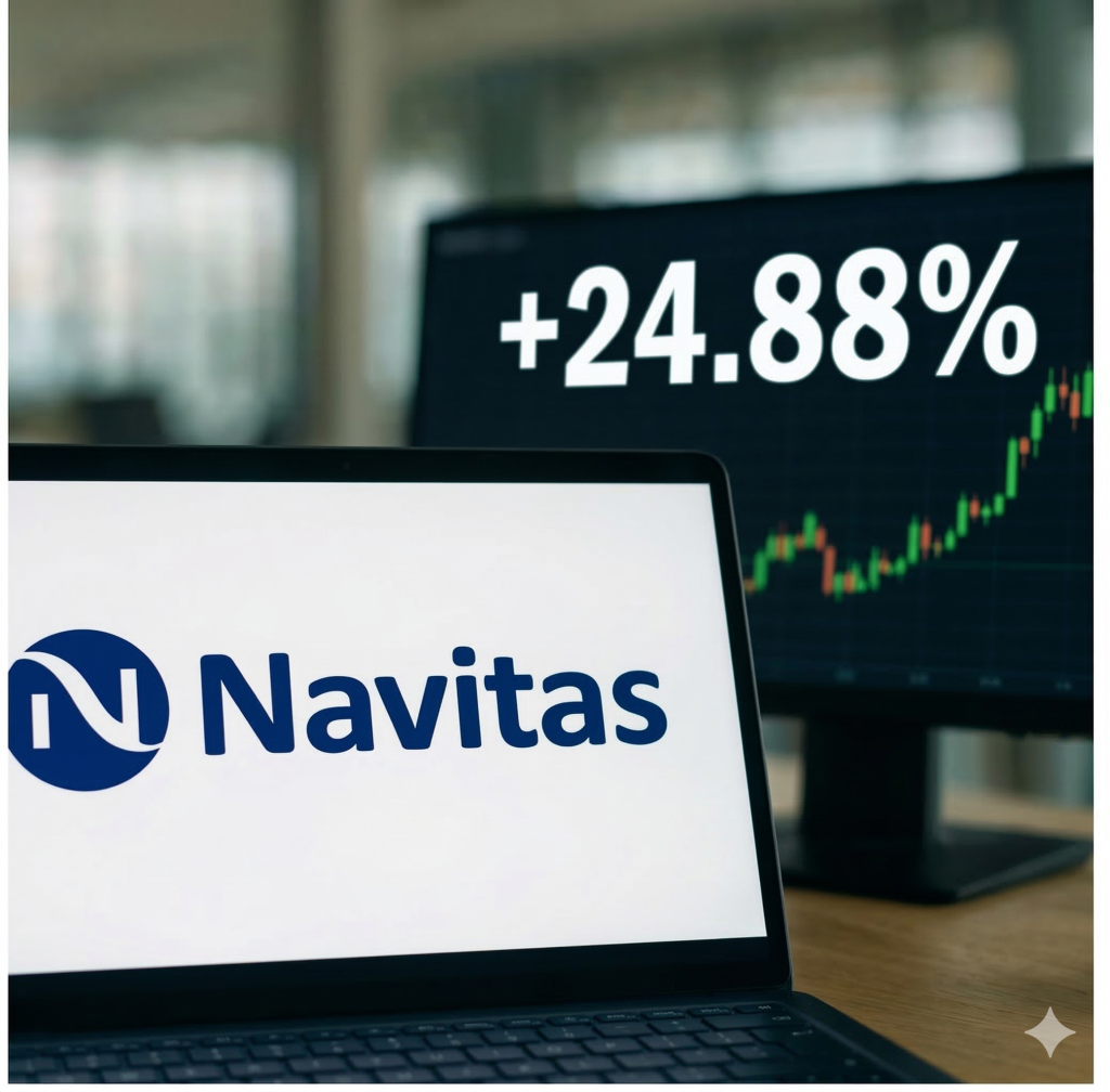 Ein Schreibtisch in einem unscharfen Büro ist mit einem geöffneten Laptop und einem externen Monitor bestückt. Der Laptop-Bildschirm zeigt das blaue Logo und den Schriftzug 'Navitas' scharf und deutlich. Der dahinterstehende Monitor zeigt einen unscharfen, aber eindeutig steil ansteigenden Börsenchart und eine große, helle Textanzeige mit '+24.88%'. Die Szene ist hell und professionell.