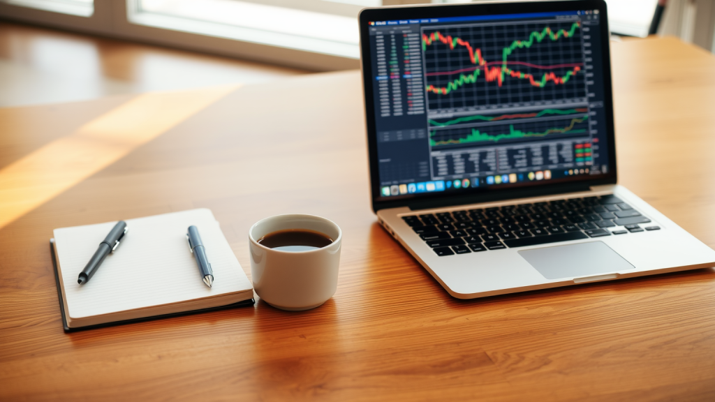 Novo Nordisk-Aktie: Kein Boden in Sicht – droht der nächste Test der Tiefs? Schreibtisch mit Kaffee, Notizbuch und Laptop mit Aktiencharts