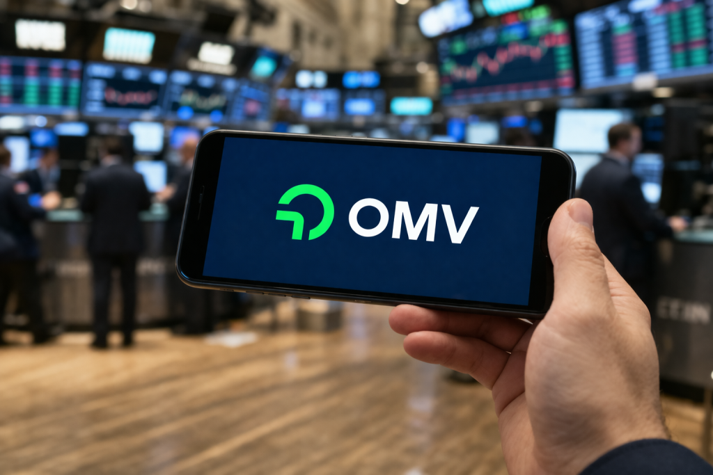 Eine Hand hält ein Smartphone, auf dessen Display das Logo und der Schriftzug des Energieunternehmens OMV deutlich sichtbar sind. Im Hintergrund ist unscharf ein belebtes Börsenparkett mit Händlern und großen Kursmonitoren zu erkennen.