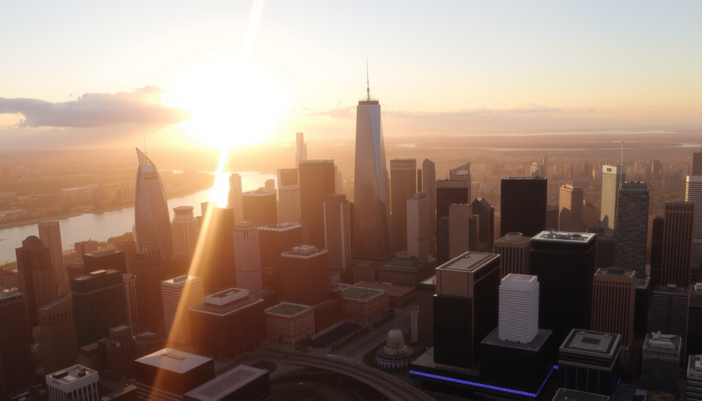 Pan American Silver-Aktie: Gegen die Fed ist kein Kraut gewachsen! Malerische Skyline eines großen Finanzdistrikts im goldenen Sonnenlicht, symbolisiert Wohlstand.