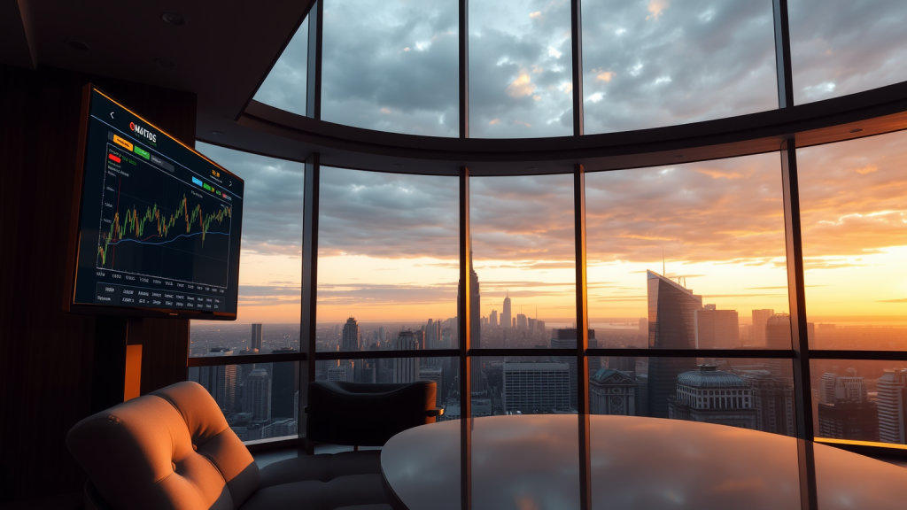 Rheinmetall-Aktie: Mega-Deal? Iveco-Militärtrucks könnten das Geschäft verändern Büro mit Blick auf das Finanzviertel und Aktienmarktgrafik auf dem Bildschirm