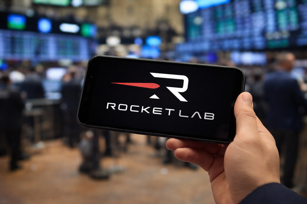 Eine Hand hält ein Smartphone, auf dessen Bildschirm das Logo des Raumfahrtunternehmens Rocket Lab deutlich sichtbar ist. Im Hintergrund ist ein unscharfes Börsenparkett mit Händlern und großen Anzeigetafeln zu erkennen.