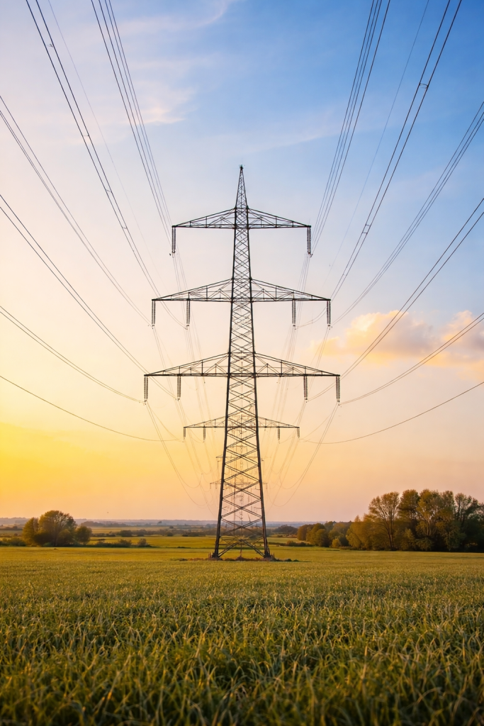 Ein hoher Strommast mit mehreren Hochspannungsleitungen steht in einer offenen Landschaft und dominiert das Bild. Die Leitungen verlaufen symmetrisch in die Ferne, während im Hintergrund Felder und Bäume unter einem warmen Abendhimmel zu sehen sind.