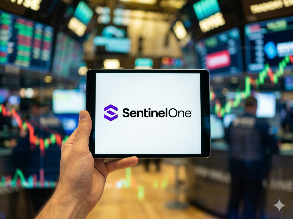 Eine Nahaufnahme zeigt eine Hand, die ein modernes iPad hält. Auf dem Display ist das Logo von SentinelOne scharf und deutlich zu erkennen: Die lila hexagonale Grafik und der schwarze Schriftzug 'SentinelOne'. Der Hintergrund ist ein tief unscharfes, atmosphärisches Bild eines belebten Börsenparketts mit diffus leuchtenden roten und grünen Datenbildschirmen und Chartlinien.