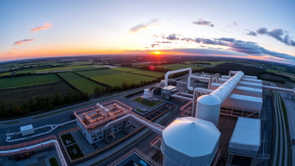 Panoramablick auf Siemens Energy Wasserstoffanlage im Sonnenuntergang