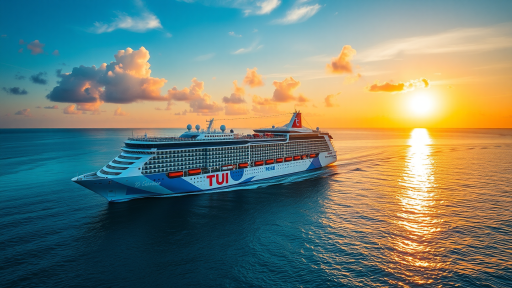 TUI-Kreuzfahrtschiff im Sonnenuntergang