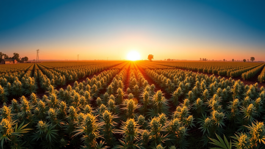 Panoramaschuss von Tilray's Cannabis-Farm bei Sonnenaufgang