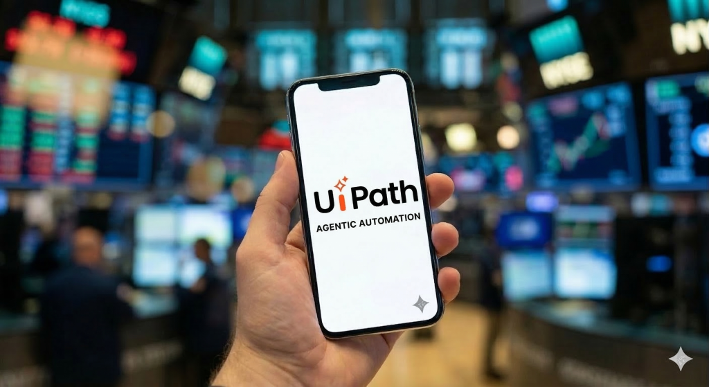 Eine Nahaufnahme zeigt eine Hand, die ein modernes Smartphone hält. Auf dem Display ist das offizielle Logo von UiPath scharf und deutlich zu erkennen: Der schwarze Schriftzug 'UiPath', wobei das 'i' und zwei darüber liegende Sterne in leuchtendem Orange gehalten sind. Der Hintergrund ist ein tief unscharfes, atmosphärisches Bild eines belebten Börsenparketts mit diffus leuchtenden roten, grünen und blauen Datenbildschirmen und Chartlinien.