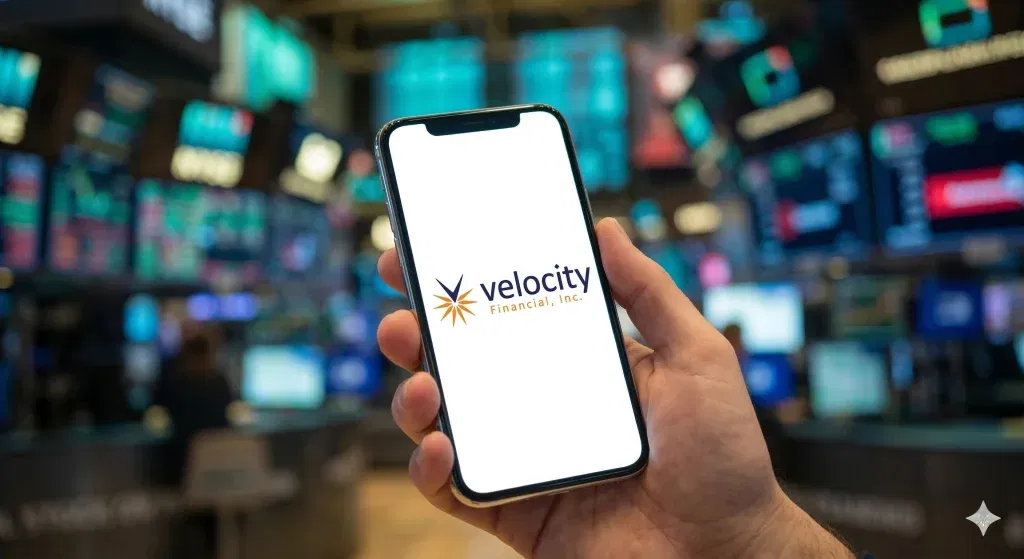 Eine Nahaufnahme zeigt eine Hand, die ein modernes Smartphone hält. Auf dem Display ist das Logo von Velocity Financial, Inc. (ein tiefblaues 'V' über einem orangefarbenen Sternburst, gefolgt von dem Firmennamen) scharf und deutlich zu erkennen. Der Hintergrund ist ein tief unscharfes, atmosphärisches Bild eines belebten Börsenparketts mit diffus leuchtenden roten, grünen und blauen Datenbildschirmen und Chartlinien.