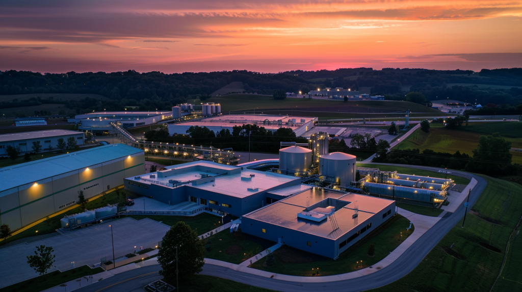 Verbio liefert gleich auf mehreren Ebenen ab! Luftaufnahme der weitläufigen Bioenergieerzeugungsanlage von Verbio in der Dämmerung, die ihre Größe und Auswirkung hervorhebt